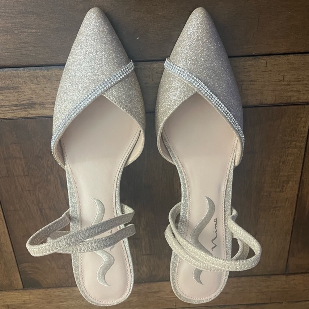 Nina Silver Pointed-Toe Heels with Slingback Straps